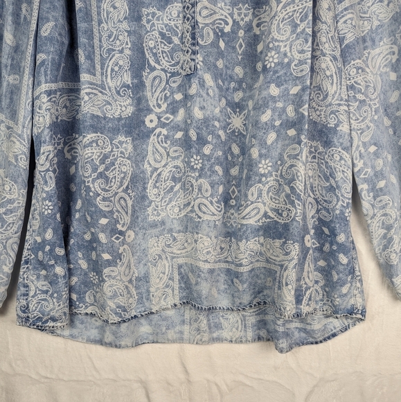 Vintage America Chambray Denim Peasant Blouse Top XXL Blue Handkerchief Print - Picture 7 of 15